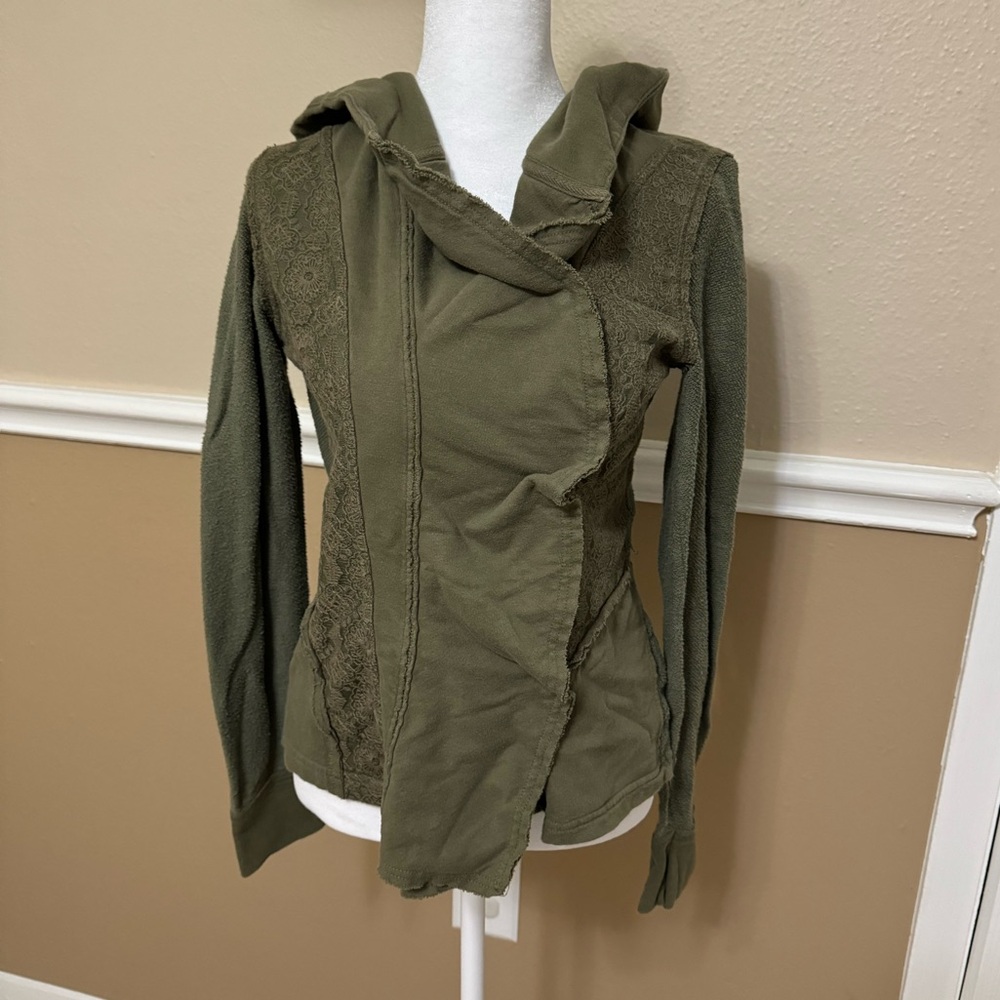 Free People Olive Green Hooded Knit Sweater